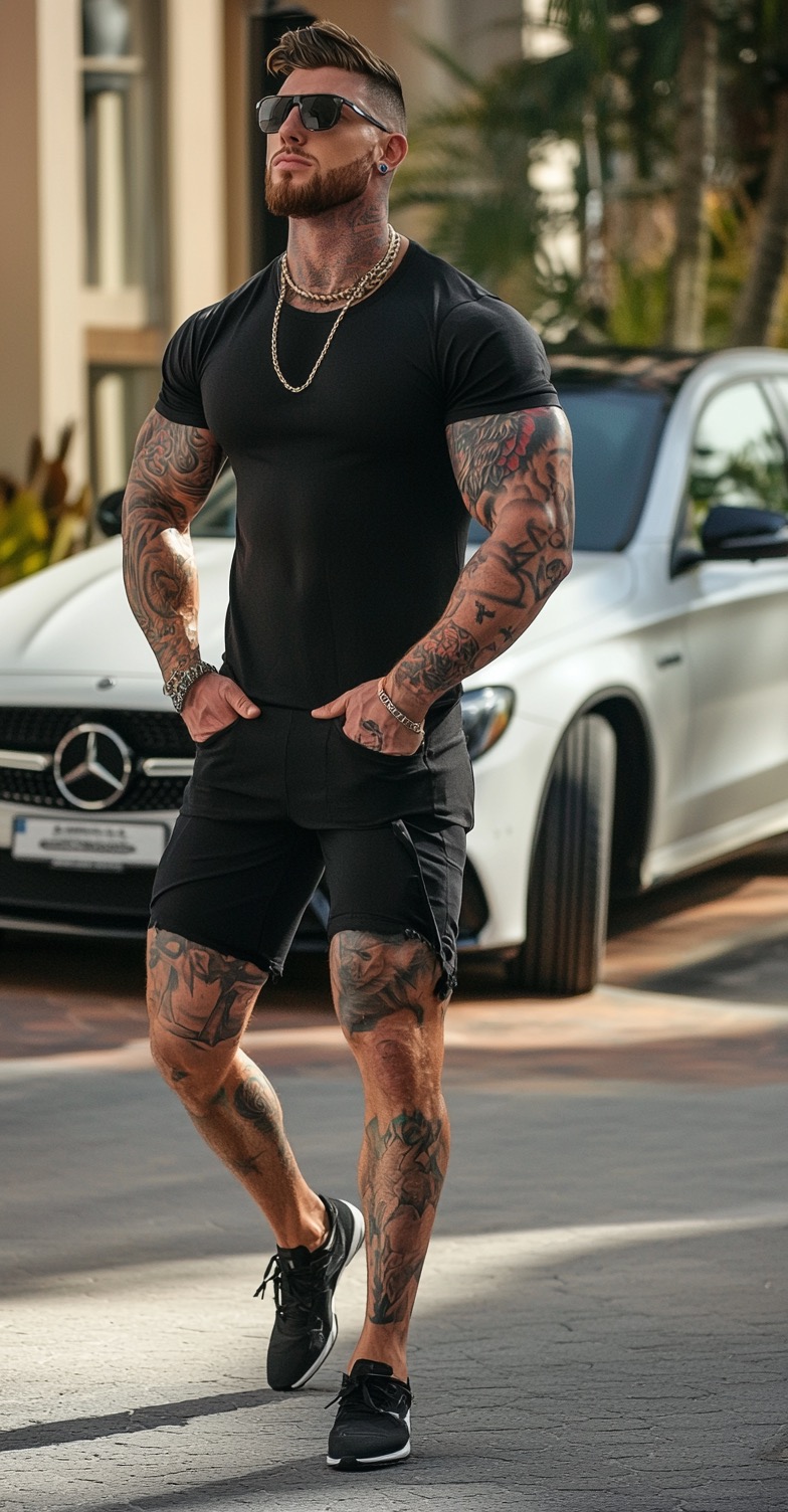 Black T Shirt and Black Denim Shorts