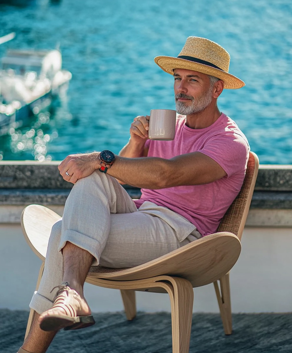 Pink T Shirt with Grey Linen Trousers