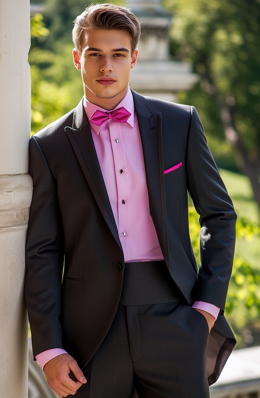 Black Suit with Pink Shirt and Fuchsia Bow Tie