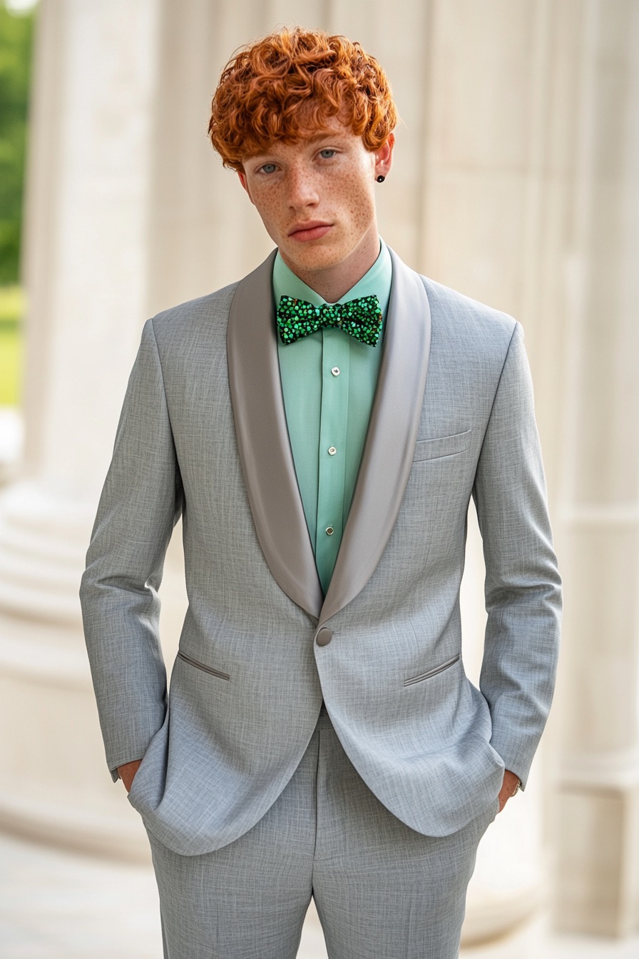 Grey Suit with Mint Shirt and Green Sequin Bow Tie