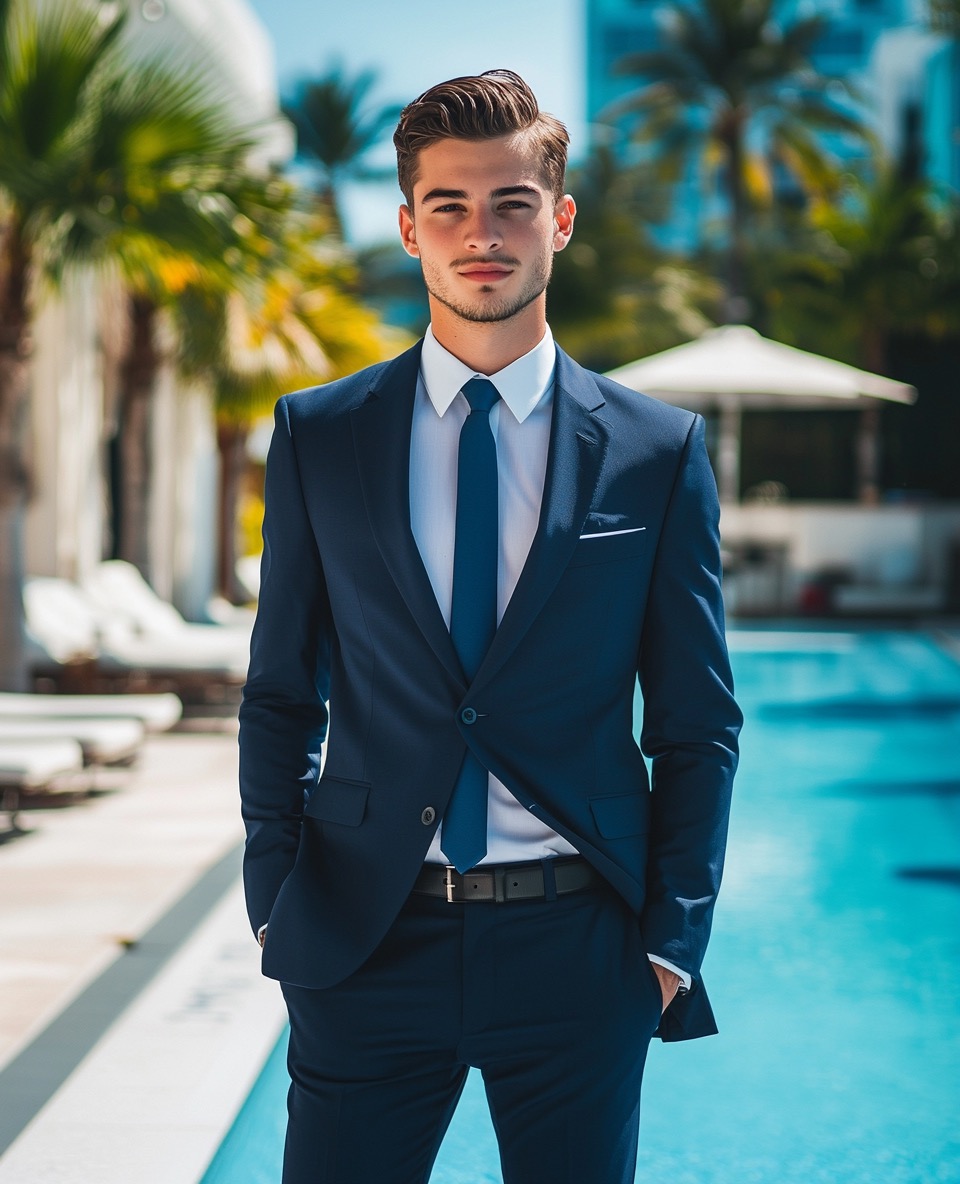 Navy Suit with White Shirt and Blue Tie