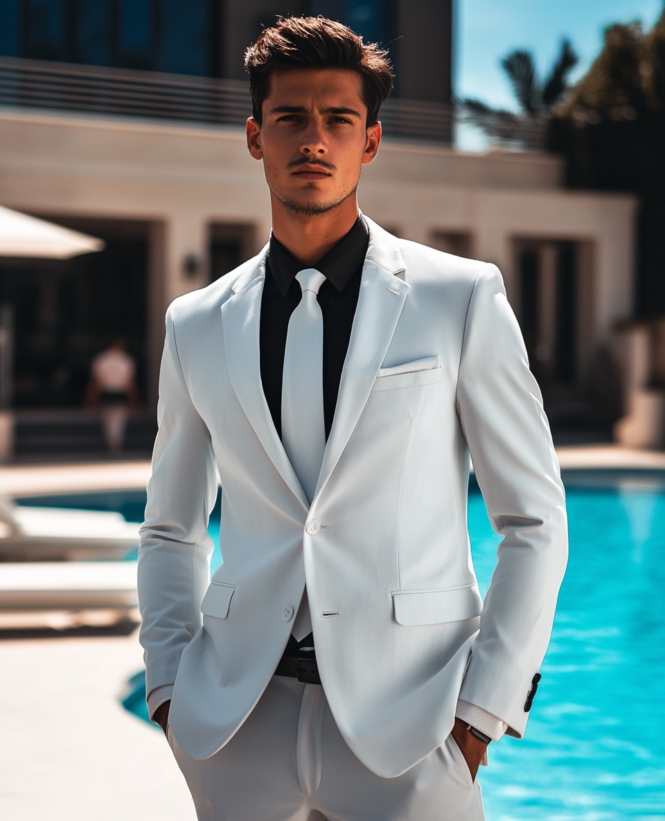 White Suit with Black Shirt and White Tie