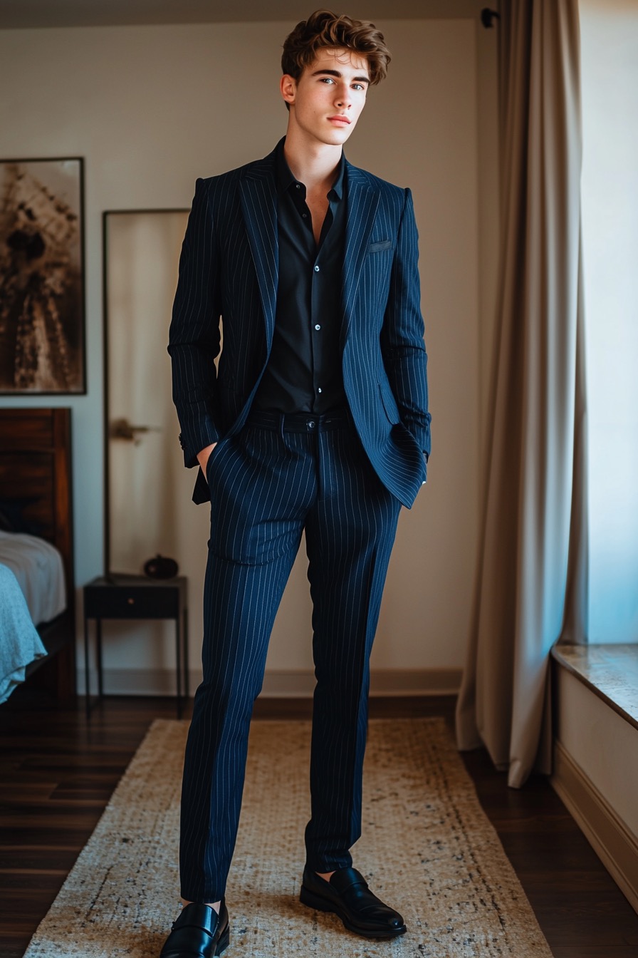 Navy Blue Striped Suit with Black Shirt