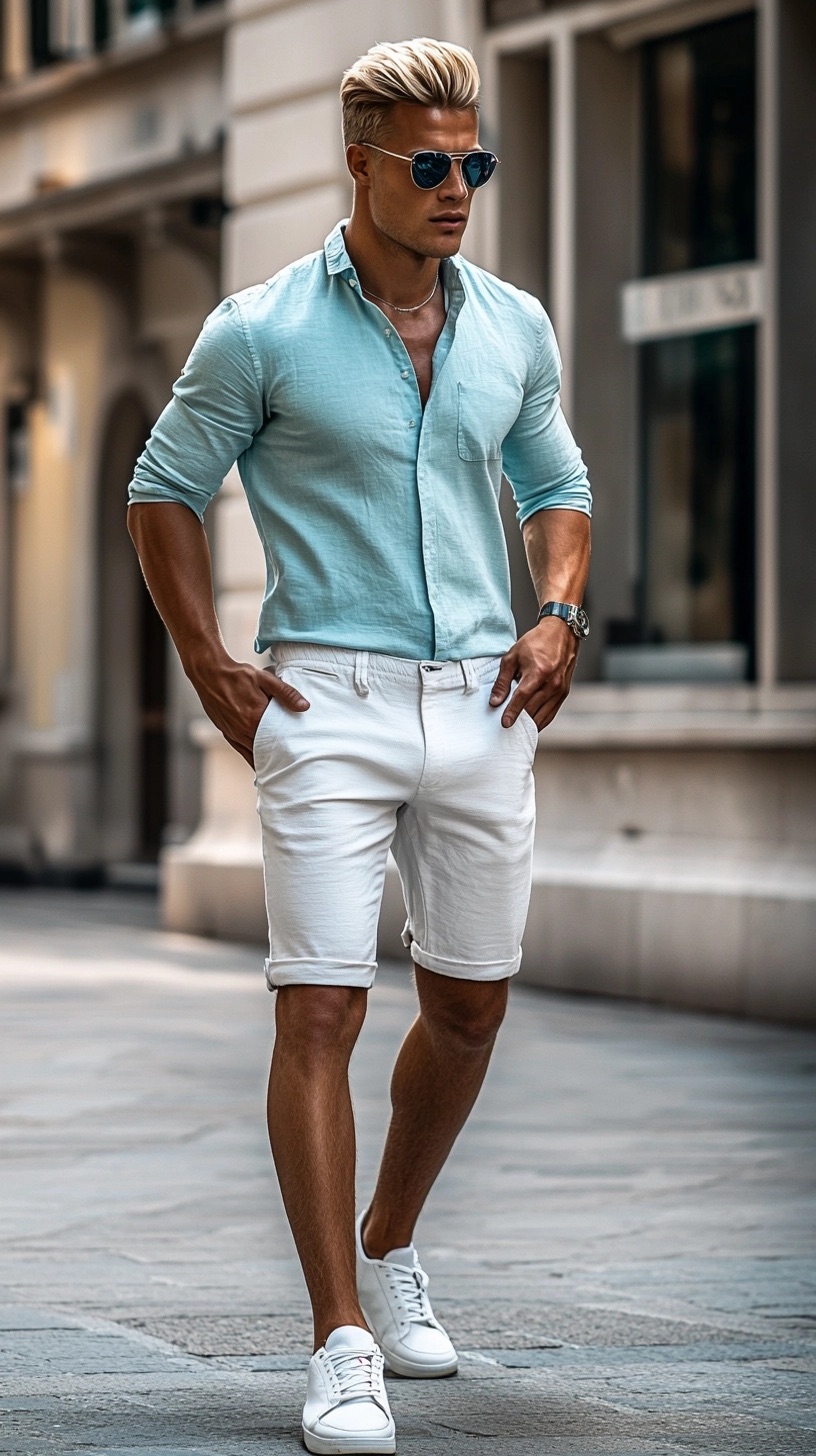 White Shorts and a Mint Linen Shirt