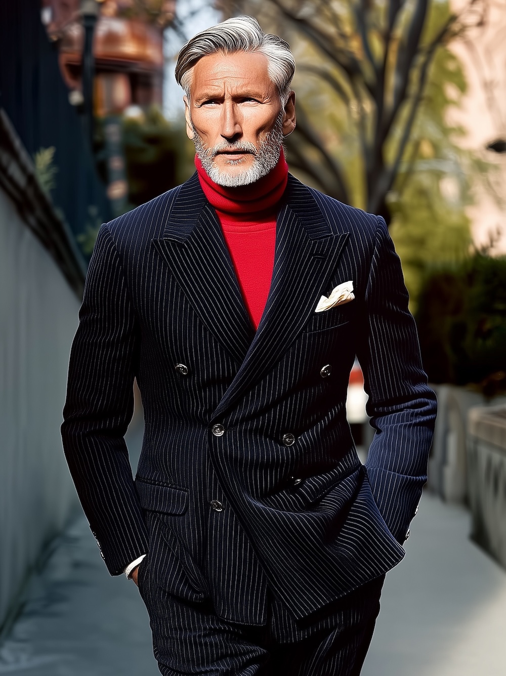 red turtleneck with a blue blazer