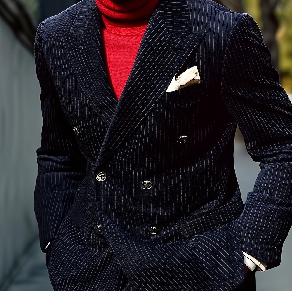 white pocket square with a dark blue blazer