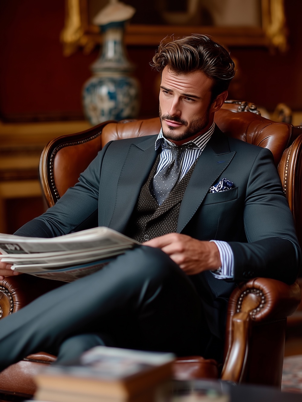 elegant gentleman reading newspaper