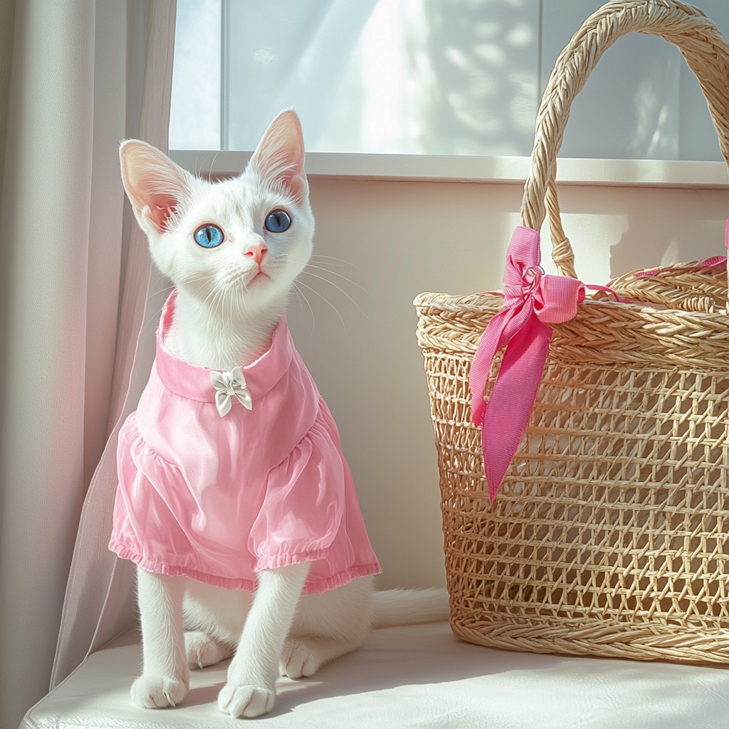 Romantic Pink Mesh Cat Dress with White Bow Accent