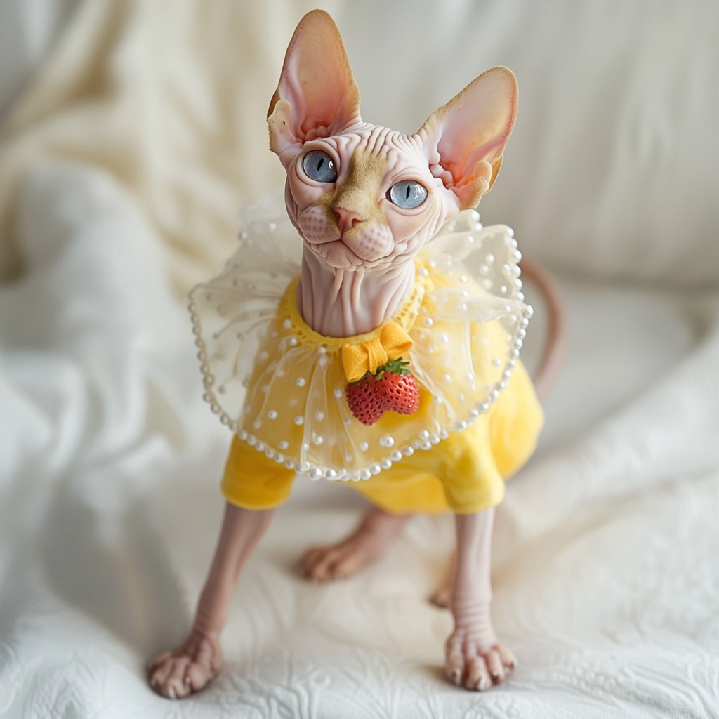Trendy Yellow Cat Dress with Elegant Lace Collar