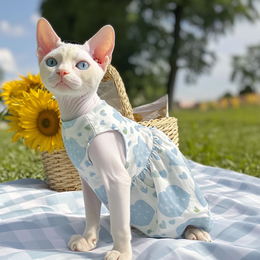 White Cotton Cat Dress with Lovely Blue Hearts