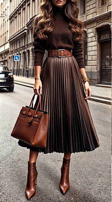 brown pleated long skirt