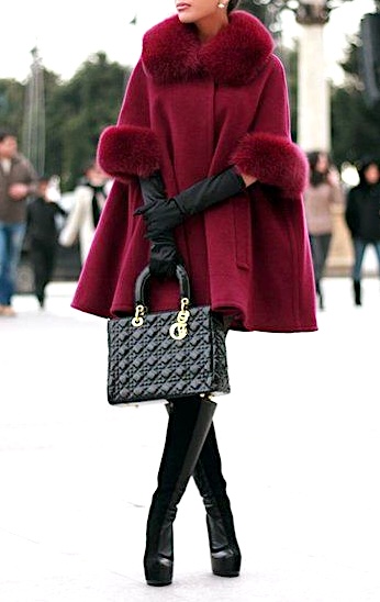 red poncho with faux fur