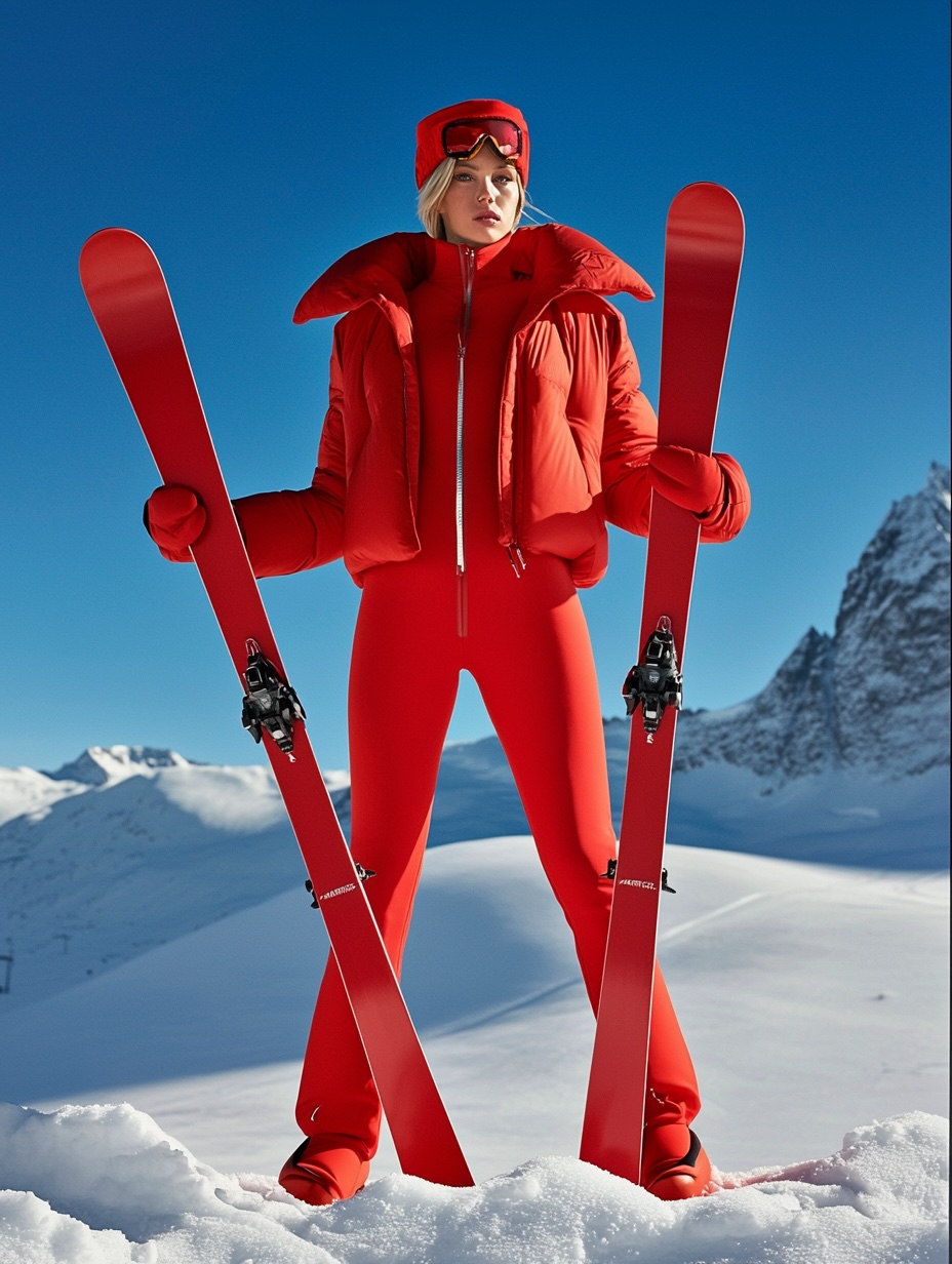 bold red ski suit for women