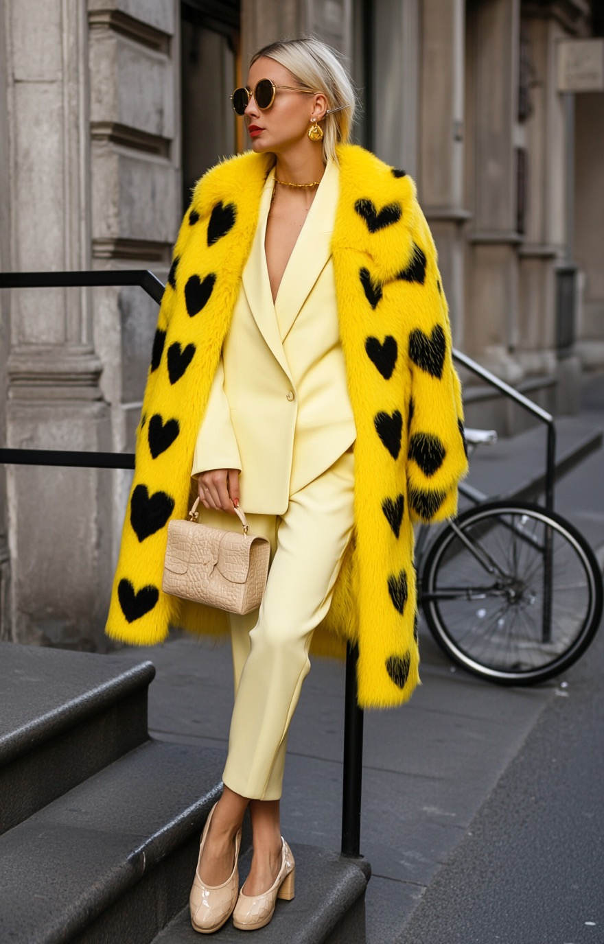 middle length yellow faux fur coat