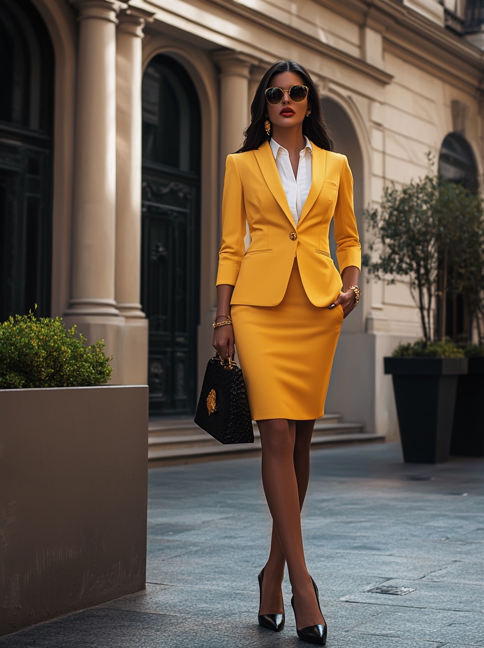 yellow blaze and skirt with black accessories