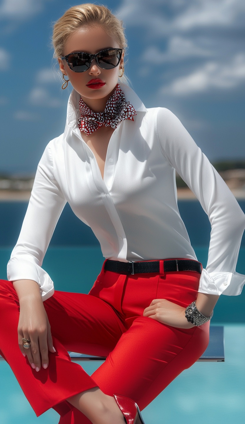 white shirt with red pants