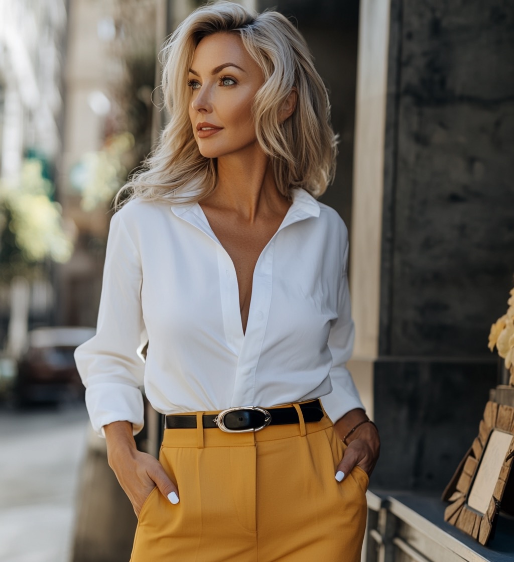 white shirt with yellow pants
