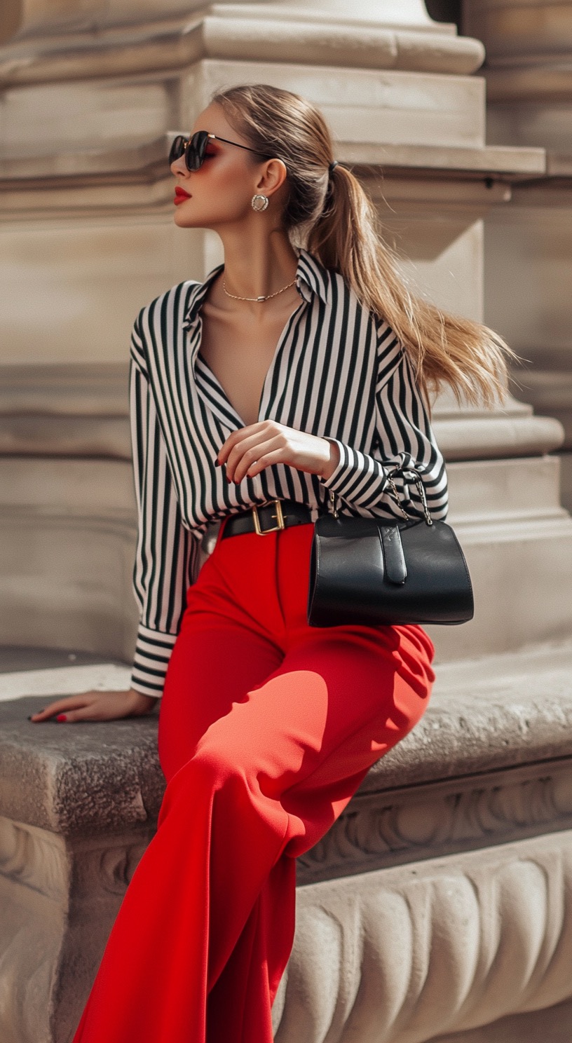 white striped shirt and red pants for summer