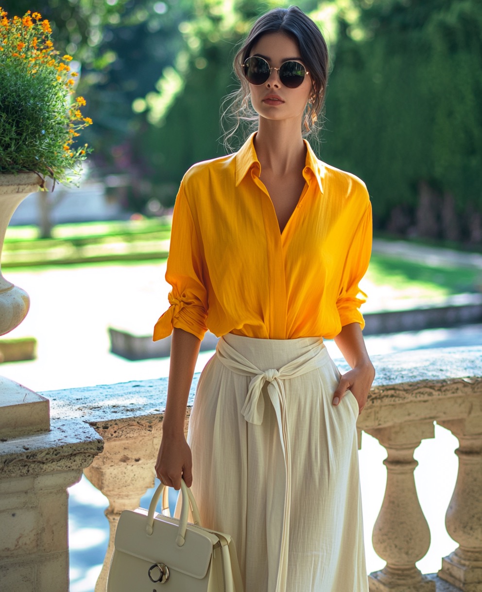 yellow shirt and offwhite pants for summer