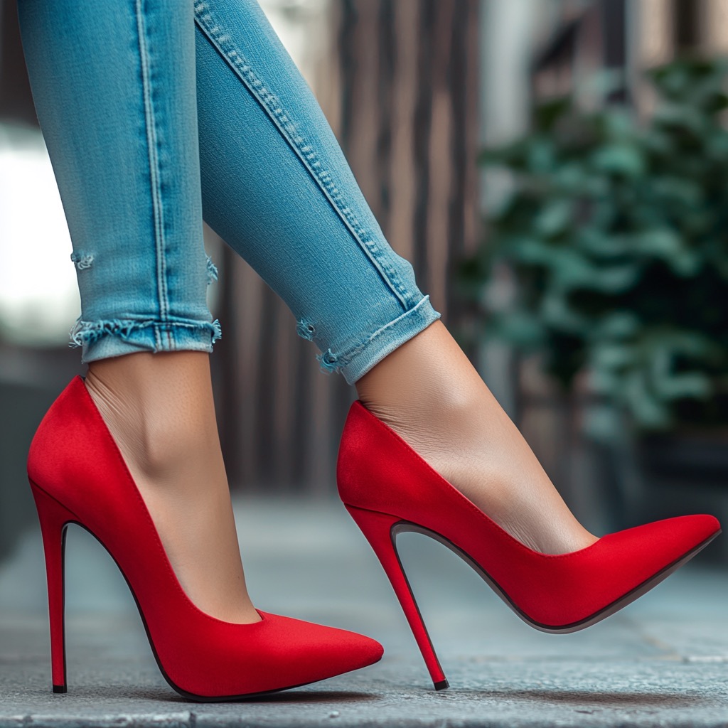 red velvet stiletto shoes with jeans