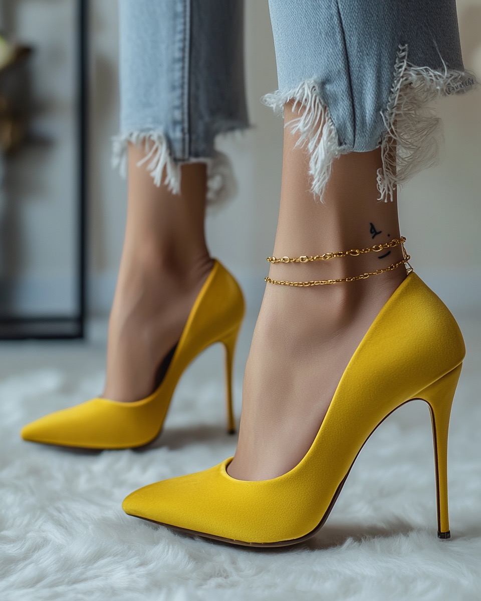 yellow velvet stiletto shoes with jeans