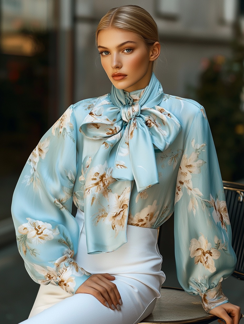 blue silk blouse with white pants