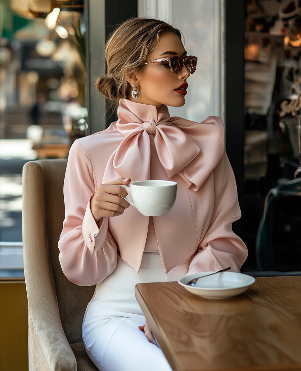 pink silk blouse with white pants