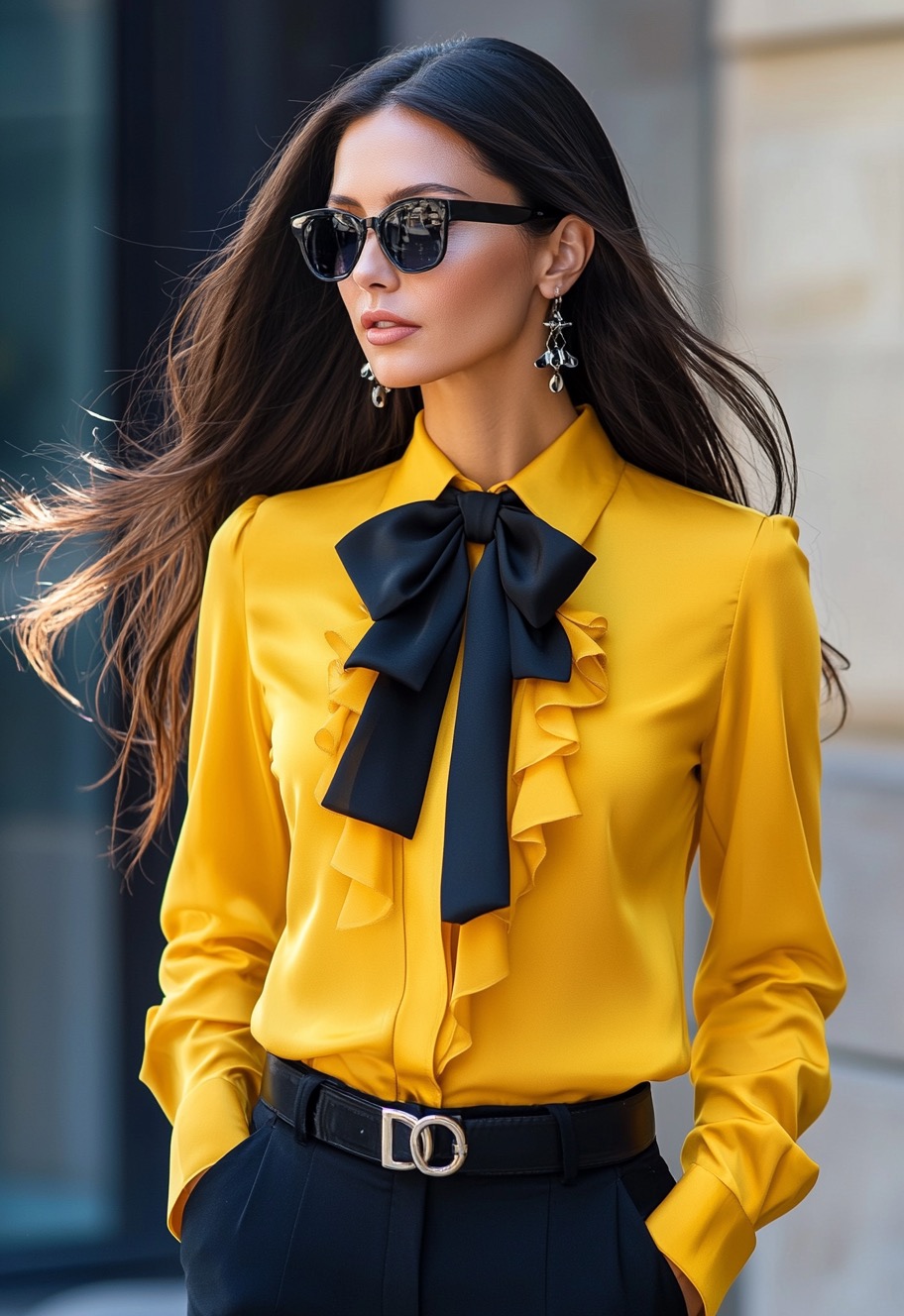 yellow silk blouse with black pants