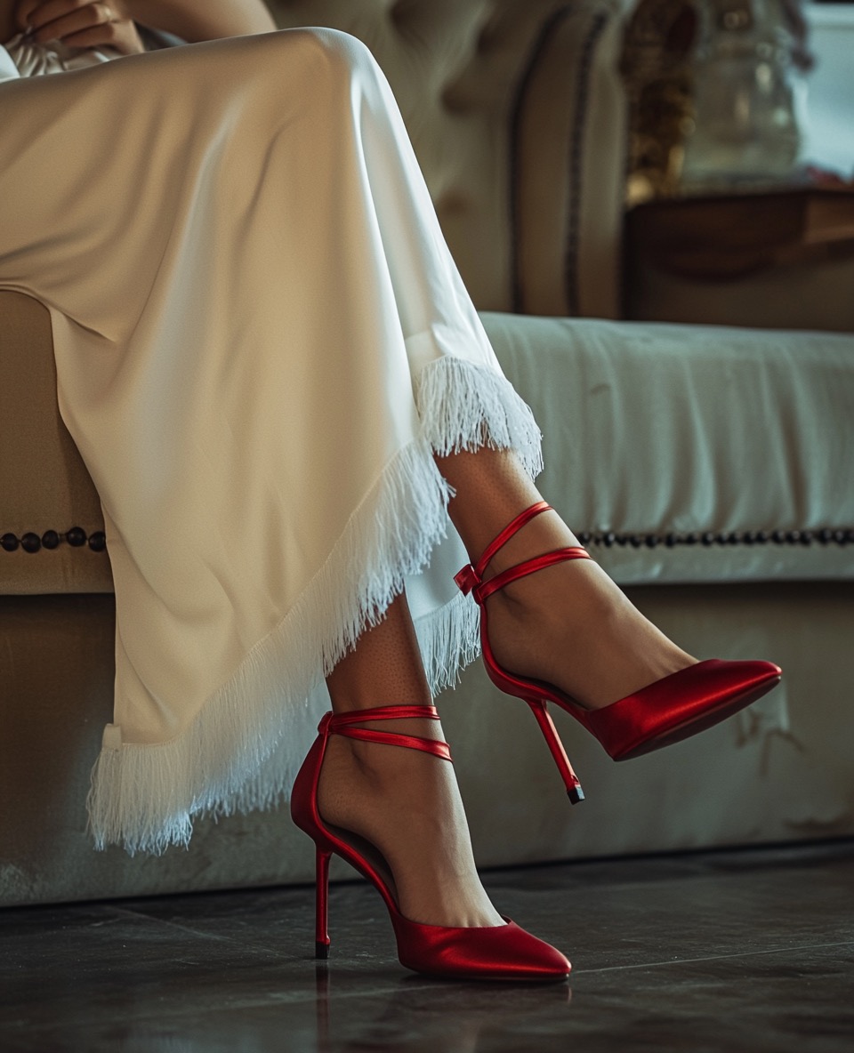 red stilettos and ivory silk gown