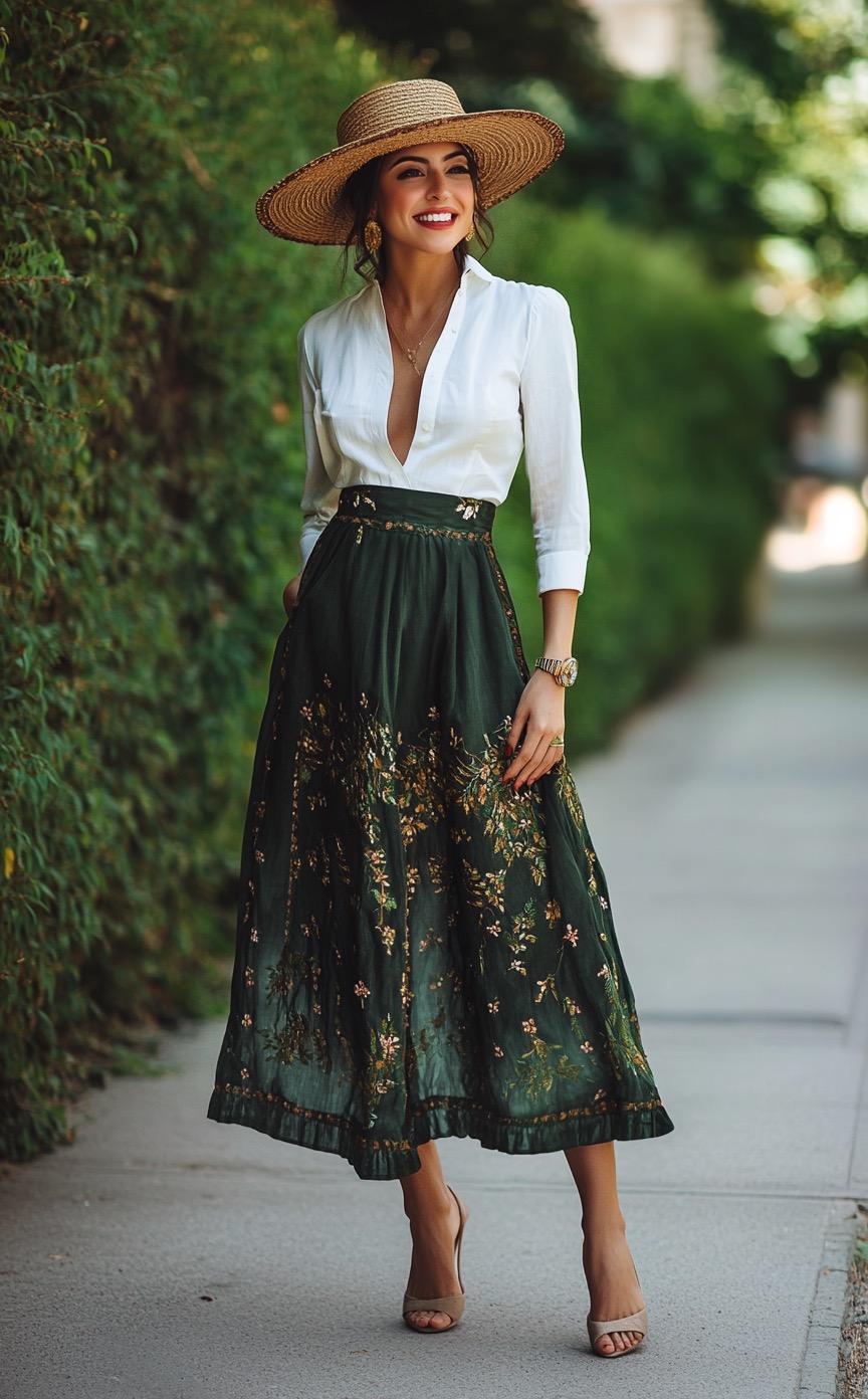 green long skirt with white shirt