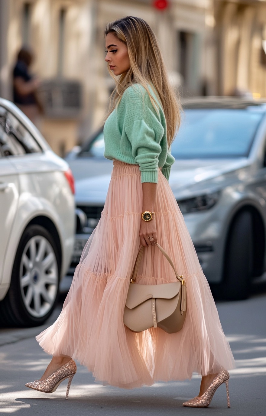 pink long skirt with green sweater