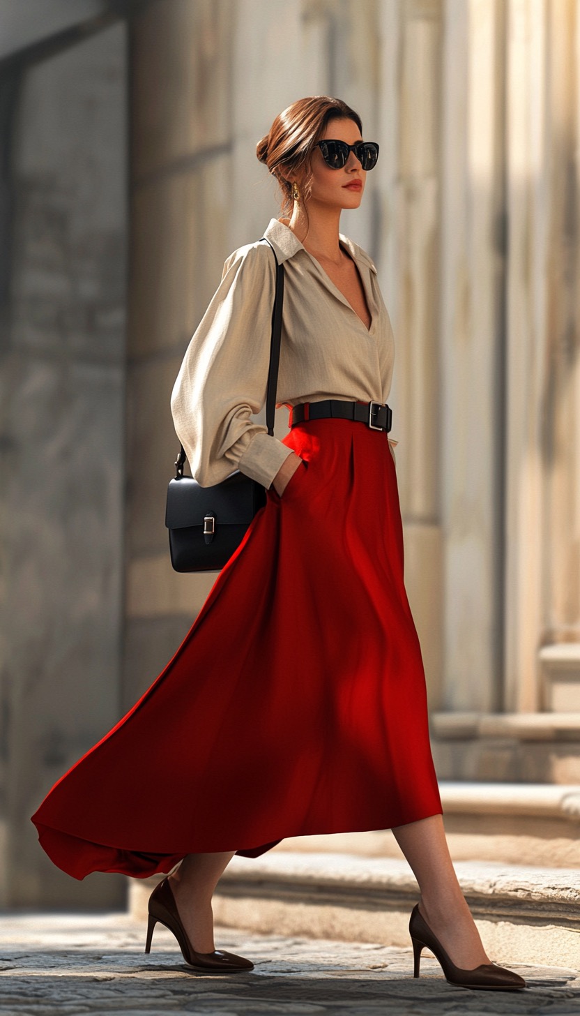 red long skirt with beige shirt