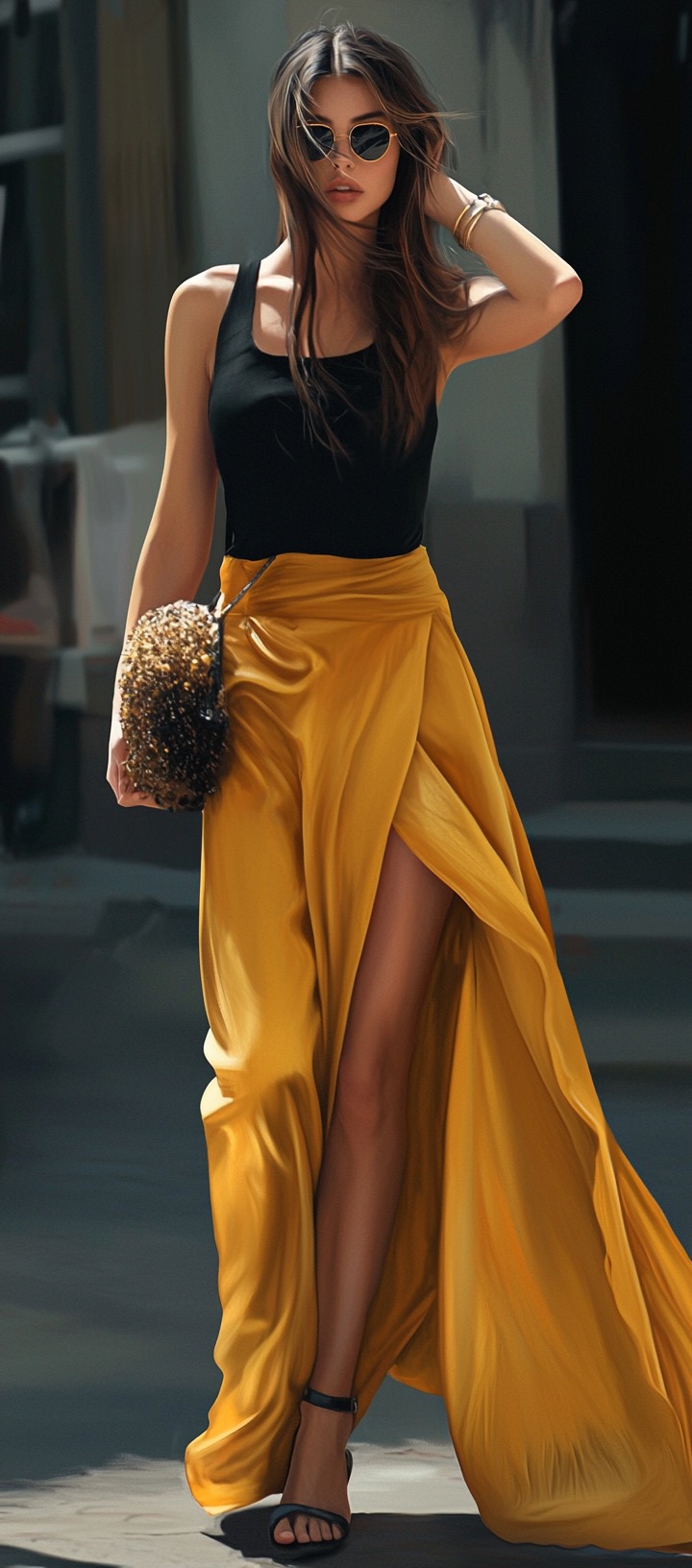 satin yellow long skirt look