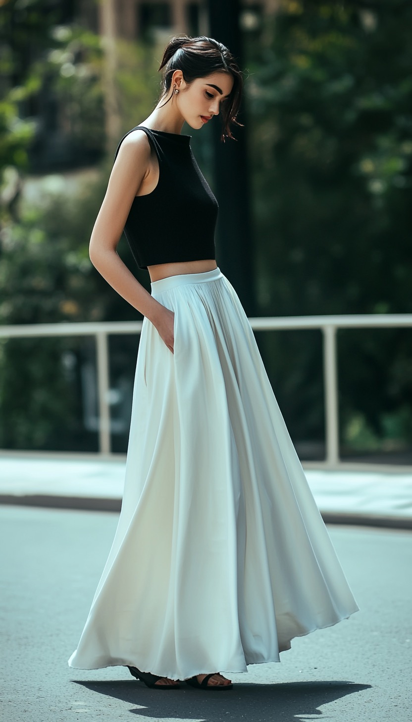 white satin long skirt look