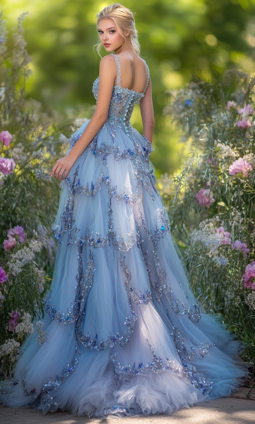 Stunning Blue Cascade Tulle Gown with Sequins