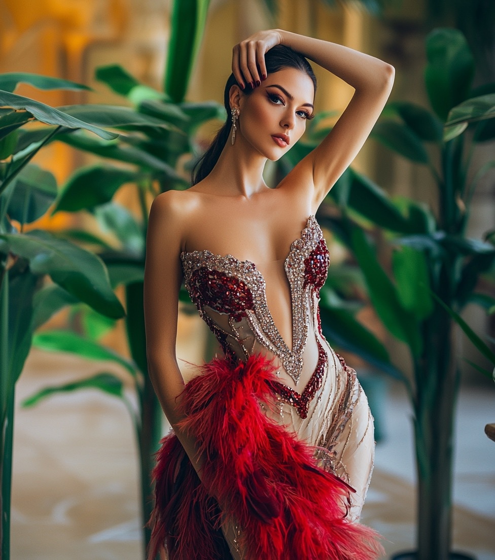 Nude Sequined Deep V Neck Mini Dress