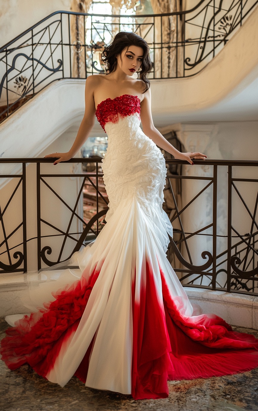 White and Red Long Mermaid Dress