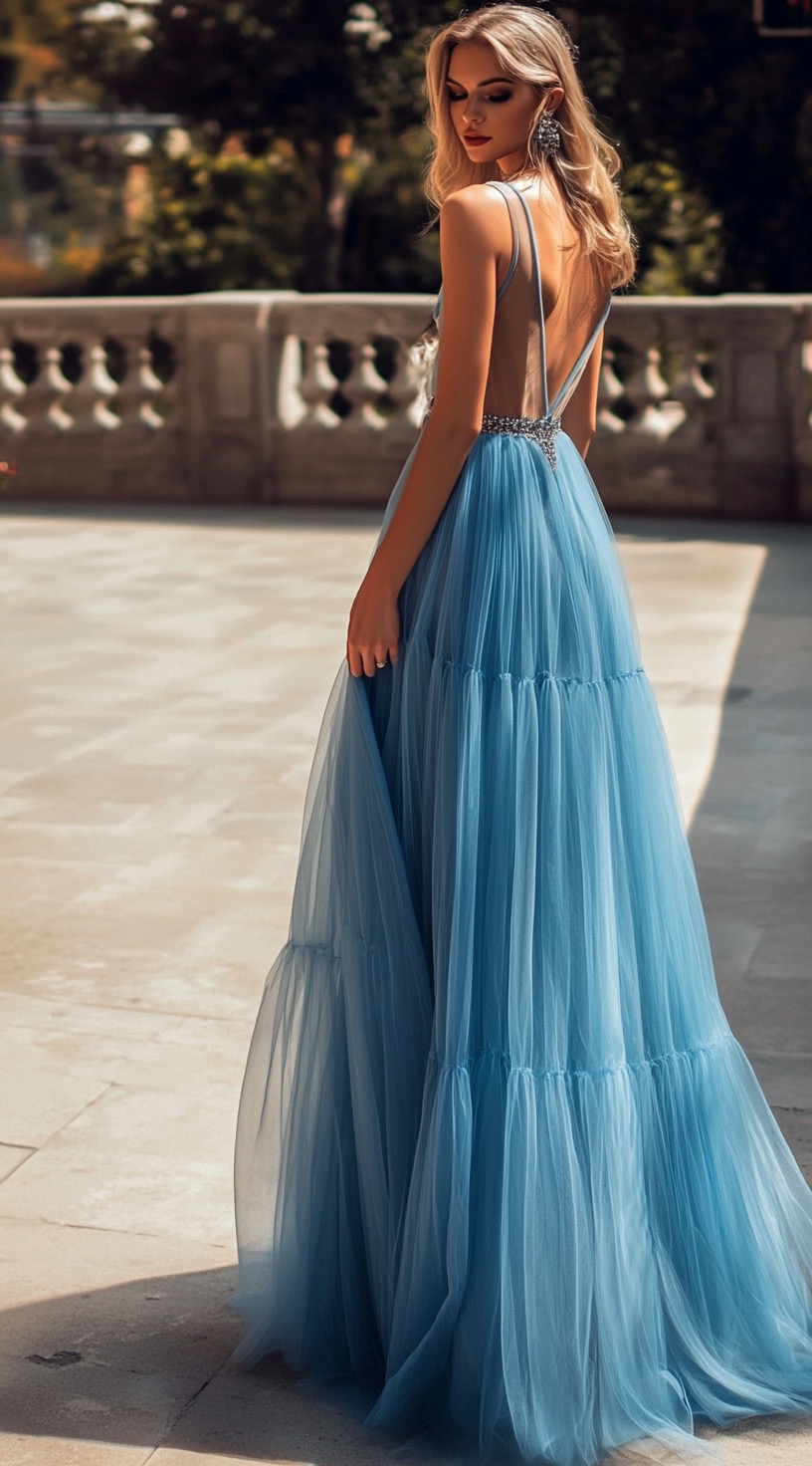 Light Blue Tulle Backless Prom Dress
