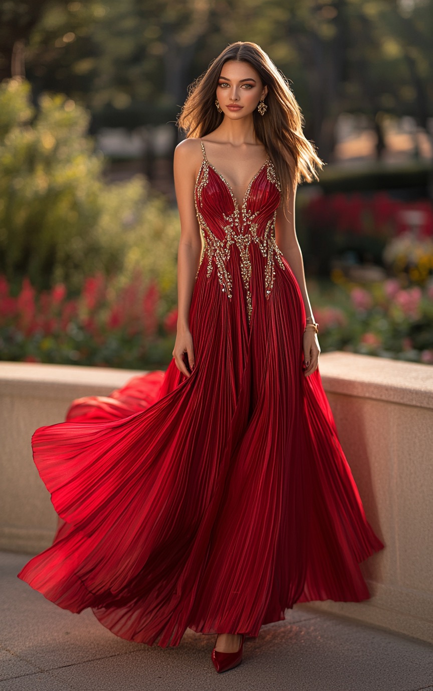 Red Pleated Dress with Gold Embroidery