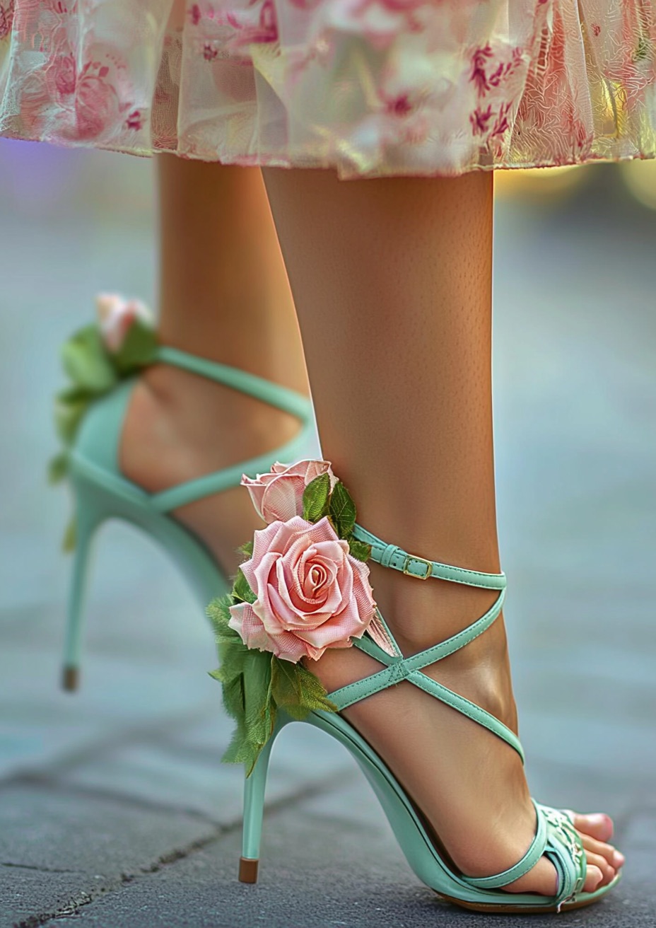 Sea Green Sandals Adorned with Elegant Roses