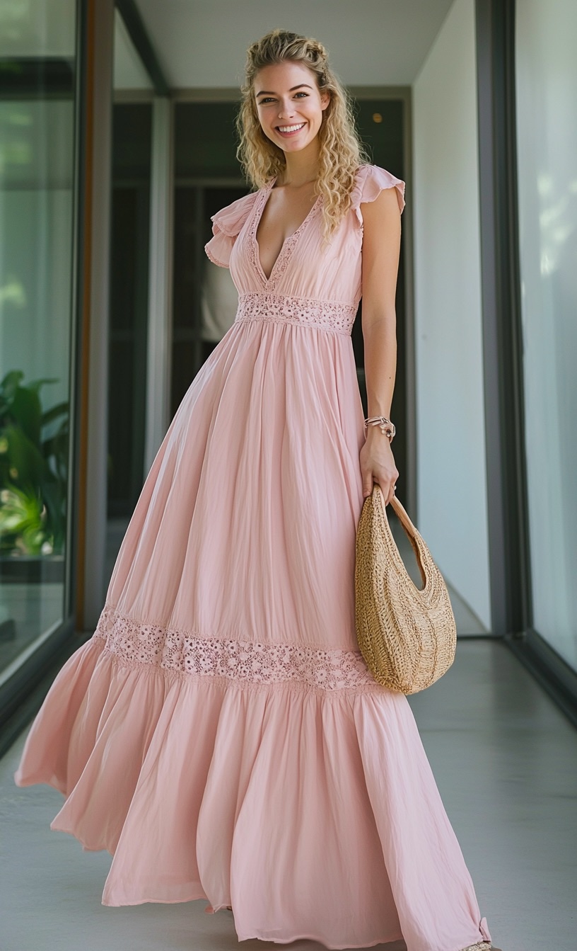 Romantic Long Pink Lace Sundress with Straw Bag