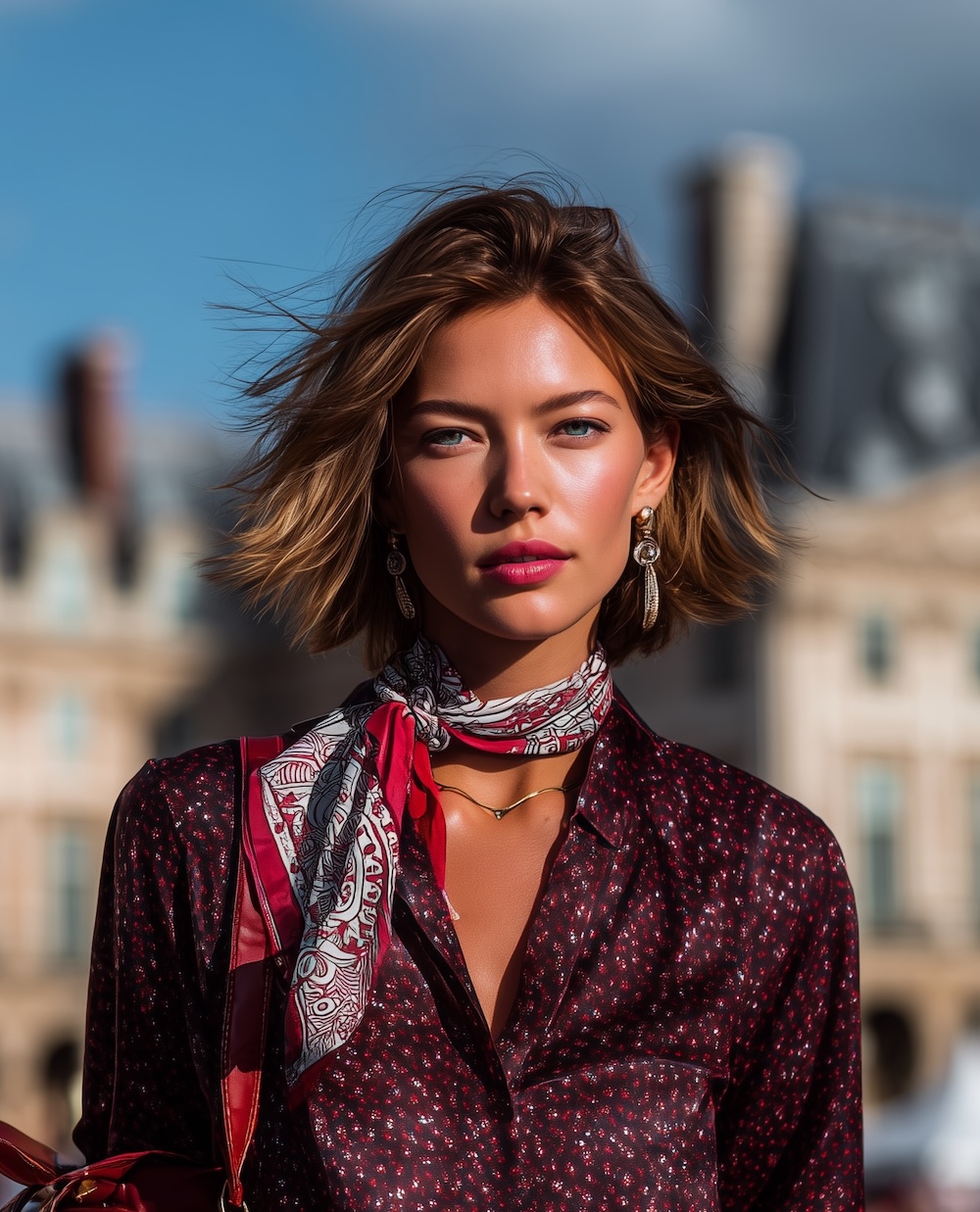 Red Textured Silk Scarf for City Walks
